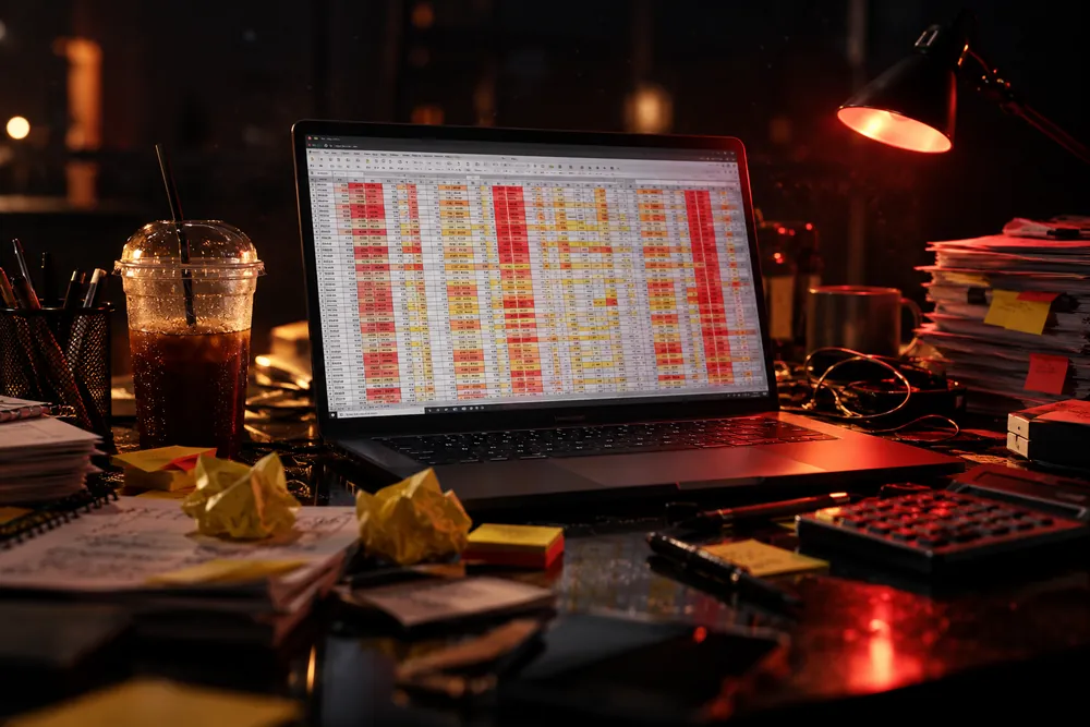 Ноутбук с бесконечной таблицей Excel и заметками