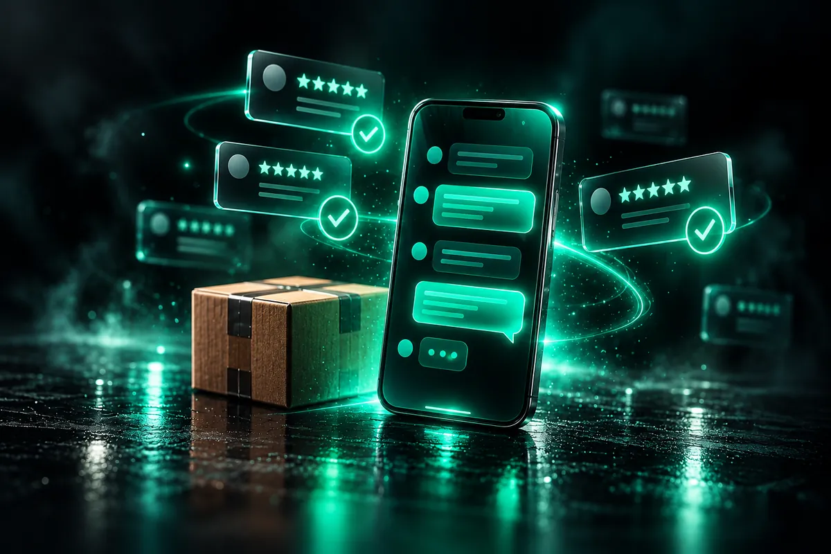 Смартфон с уведомлениями, отзывами и посылка рядом